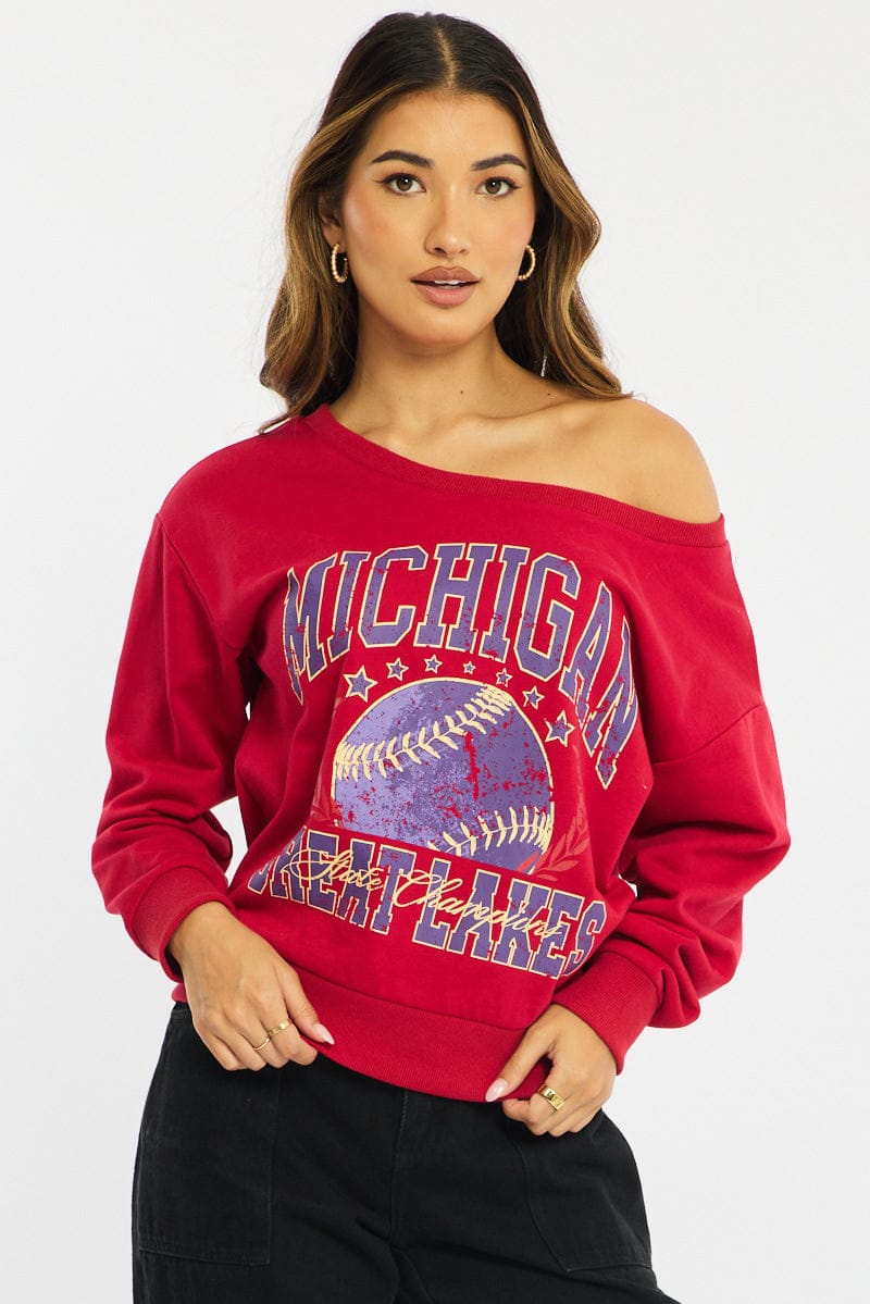 Red Long Sleeve Off The Shoulder Graphic Sweater